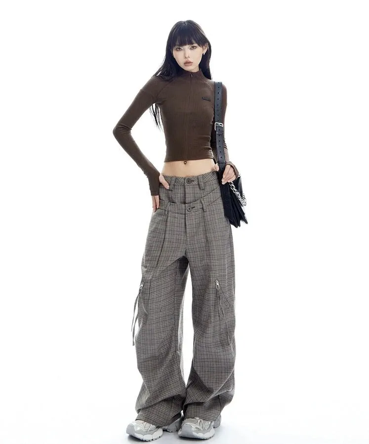 Plaid Wide Leg Zip-Pocket Pleated Trousers