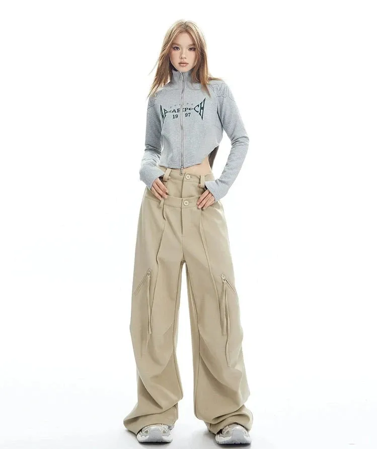 Plaid Wide Leg Zip-Pocket Pleated Trousers