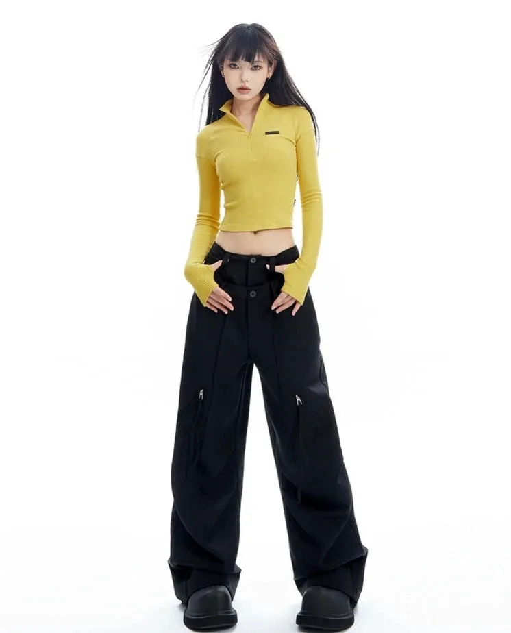 Plaid Wide Leg Zip-Pocket Pleated Trousers