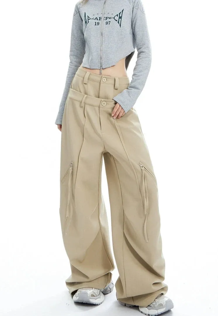 Plaid Wide Leg Zip-Pocket Pleated Trousers