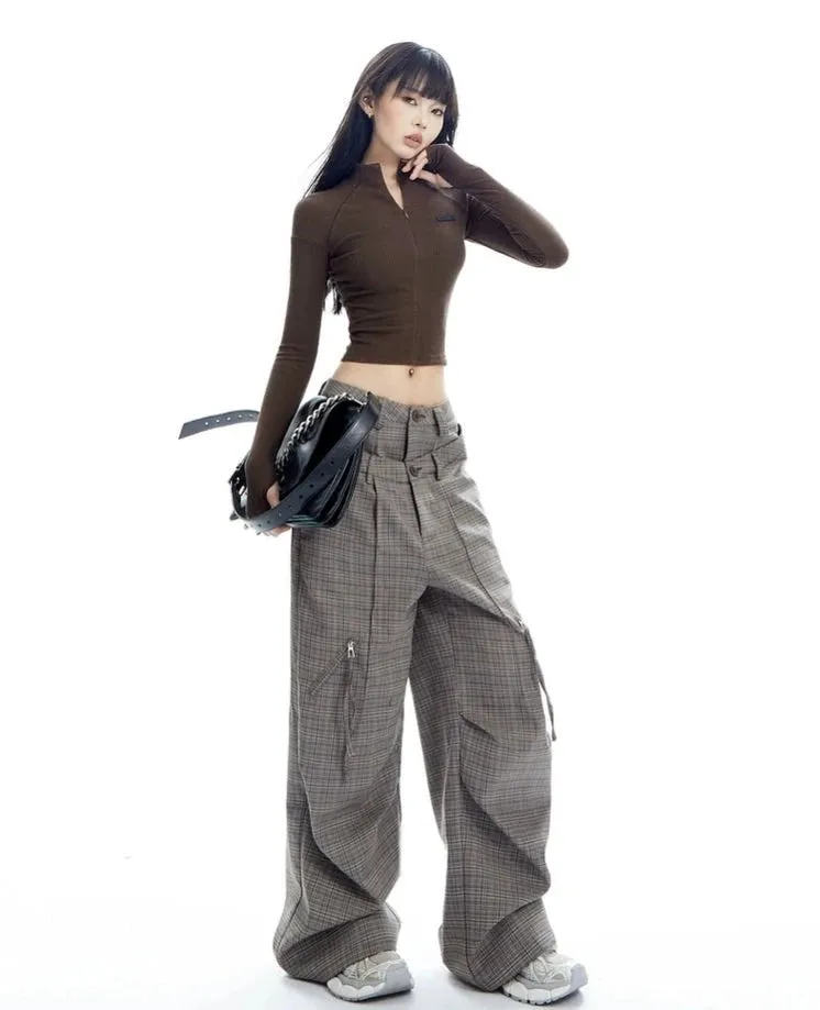 Plaid Wide Leg Zip-Pocket Pleated Trousers