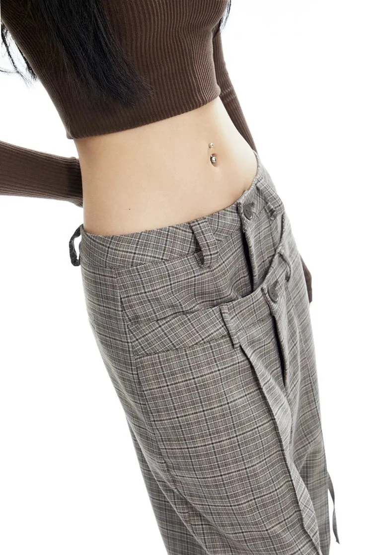 Plaid Wide Leg Zip-Pocket Pleated Trousers