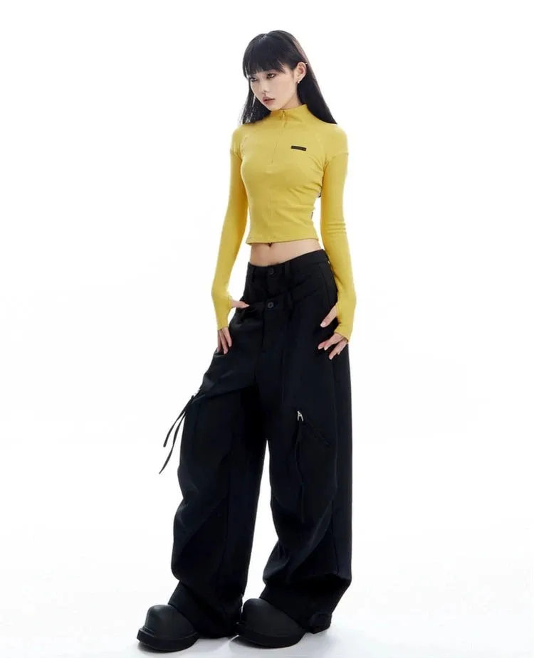 Plaid Wide Leg Zip-Pocket Pleated Trousers