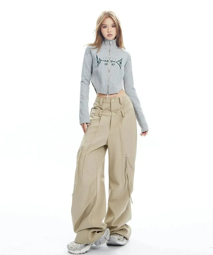Plaid Wide Leg Zip-Pocket Pleated Trousers