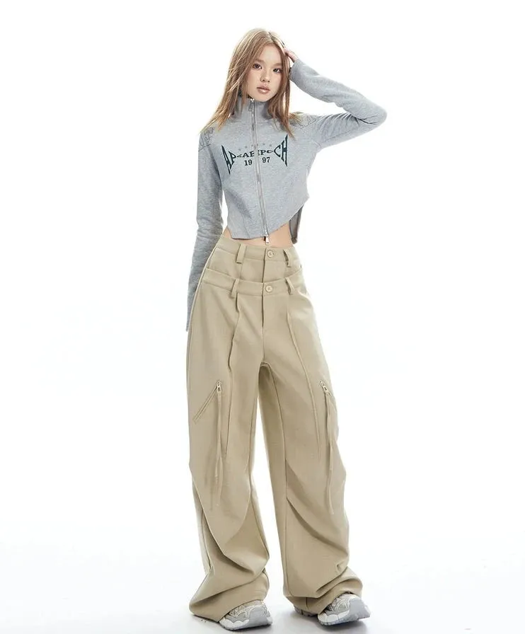 Plaid Wide Leg Zip-Pocket Pleated Trousers