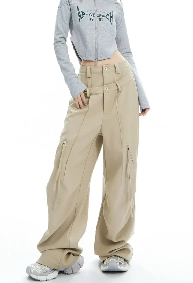 Plaid Wide Leg Zip-Pocket Pleated Trousers