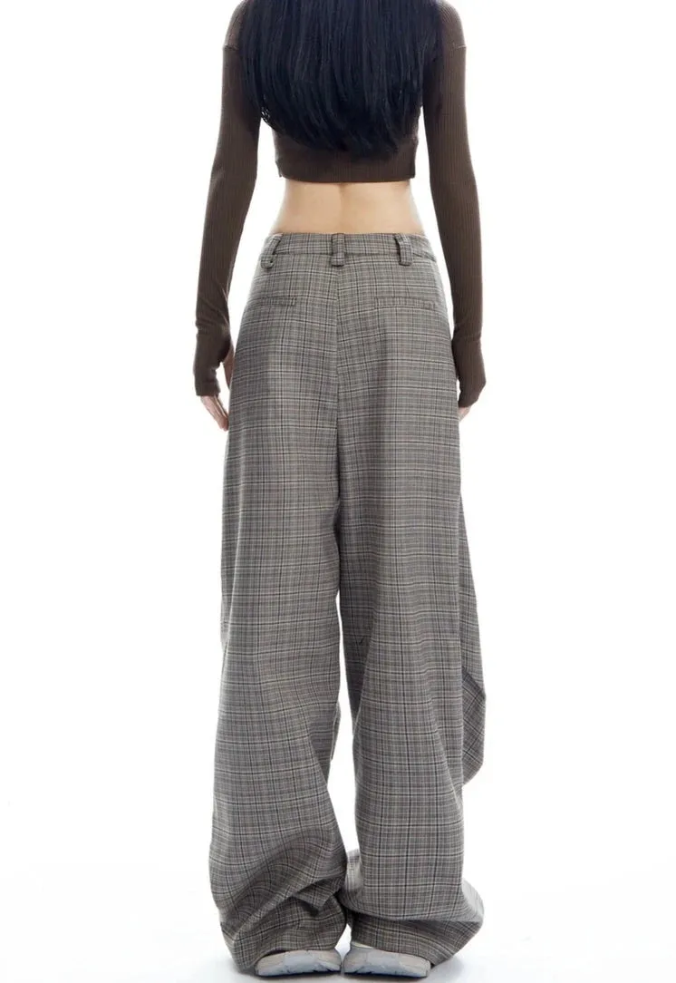 Plaid Wide Leg Zip-Pocket Pleated Trousers