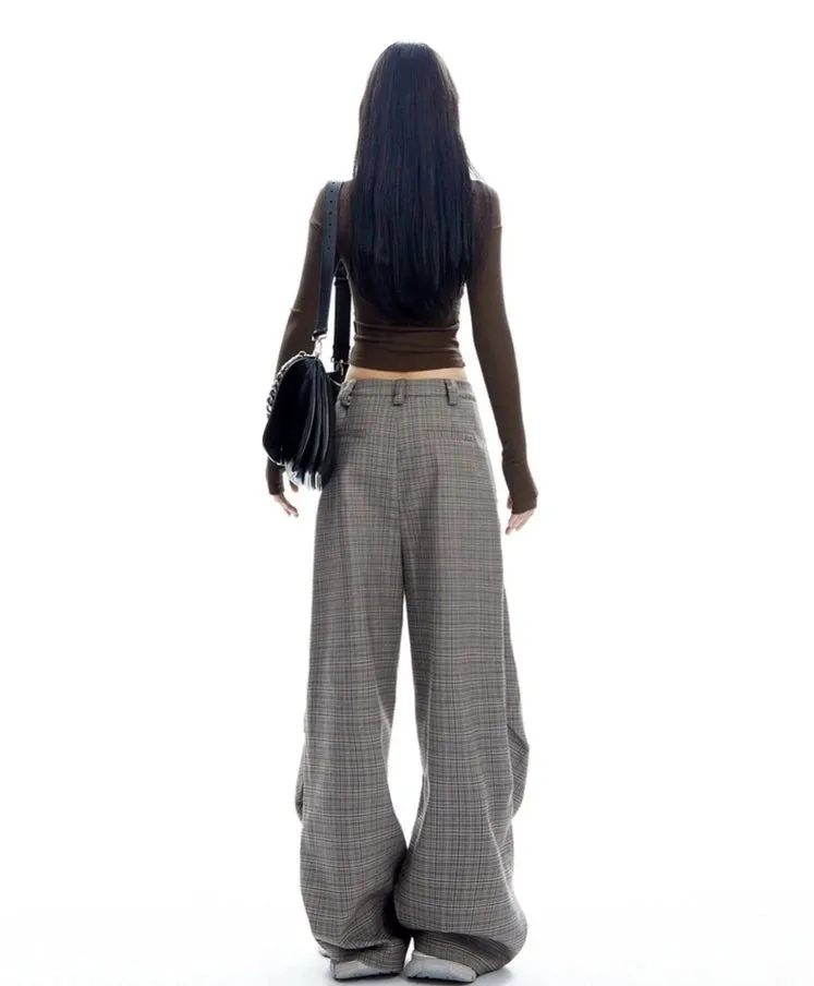 Plaid Wide Leg Zip-Pocket Pleated Trousers