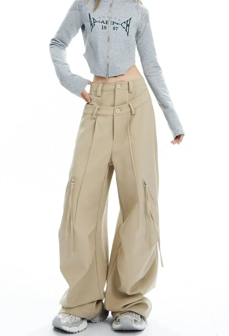 Plaid Wide Leg Zip-Pocket Pleated Trousers