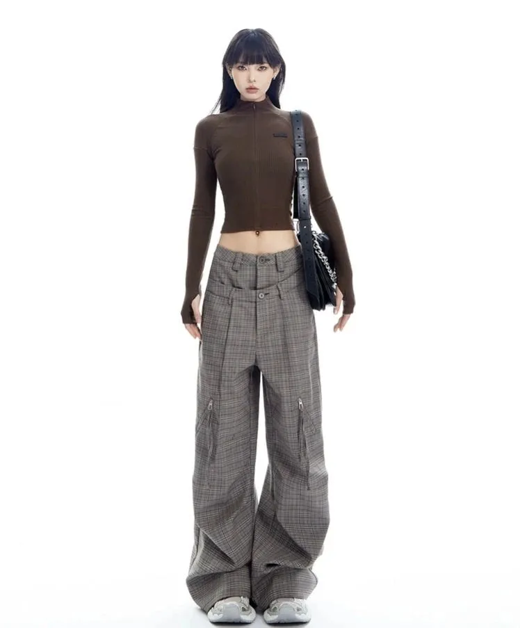 Plaid Wide Leg Zip-Pocket Pleated Trousers