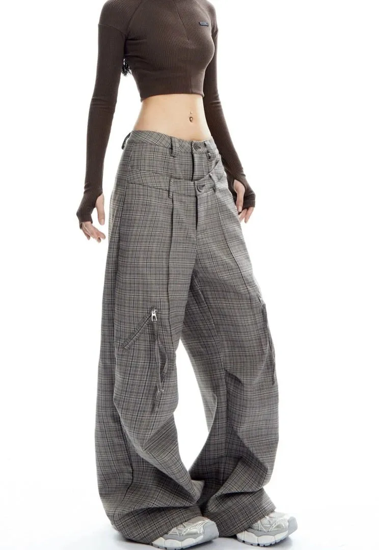 Plaid Wide Leg Zip-Pocket Pleated Trousers