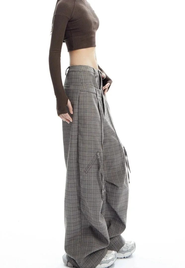 Plaid Wide Leg Zip-Pocket Pleated Trousers