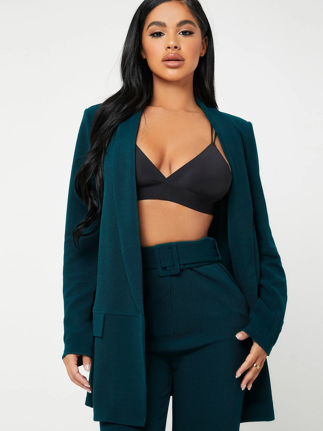 Plain Belted Long Sleeve Shawl Collar Women Suit Set