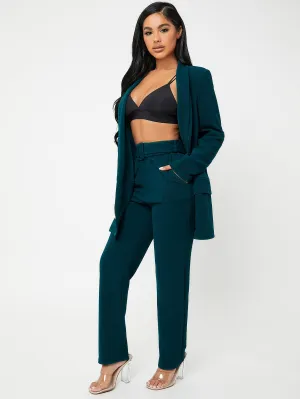 Plain Belted Long Sleeve Shawl Collar Women Suit Set