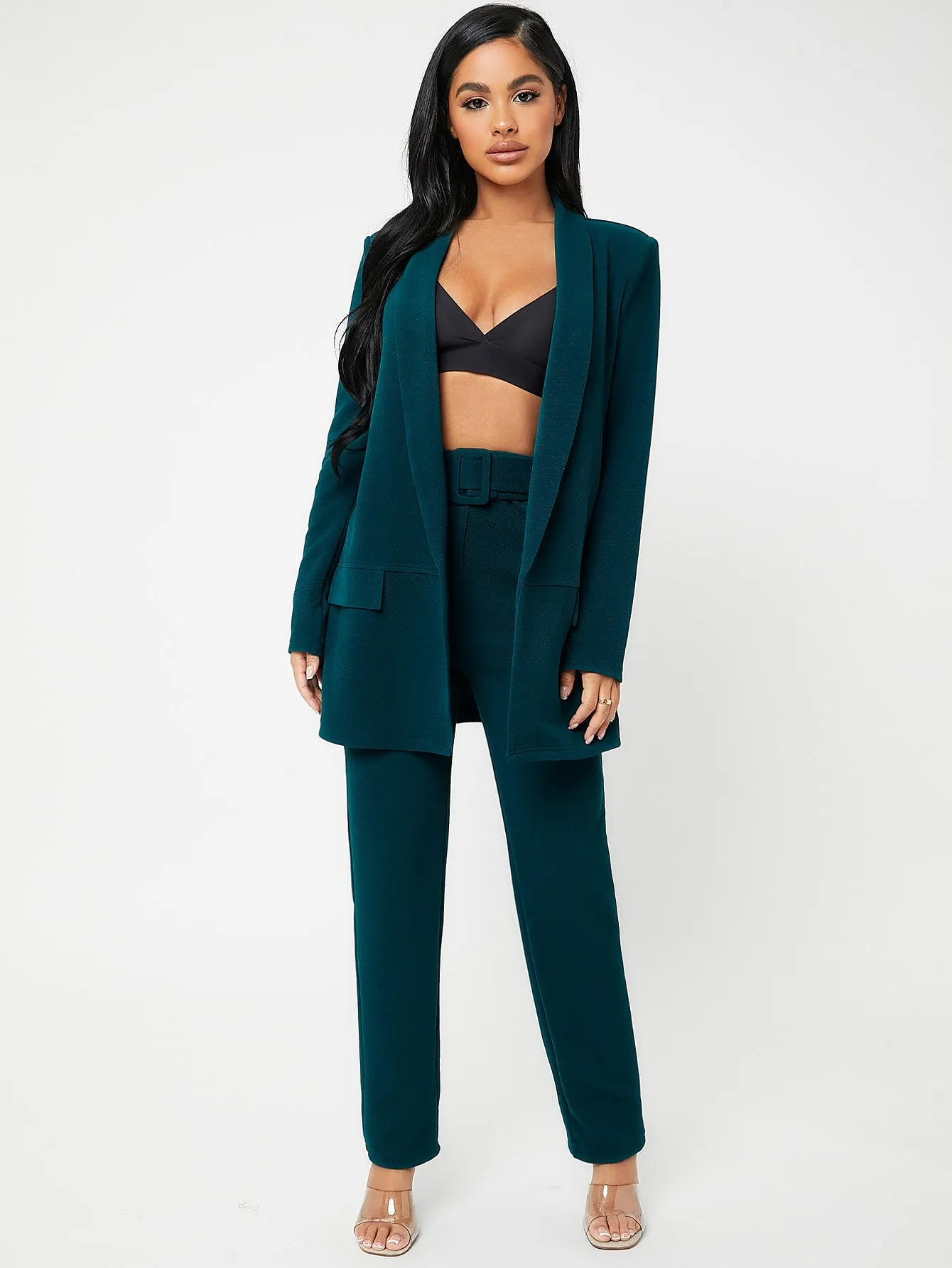 Plain Belted Long Sleeve Shawl Collar Women Suit Set