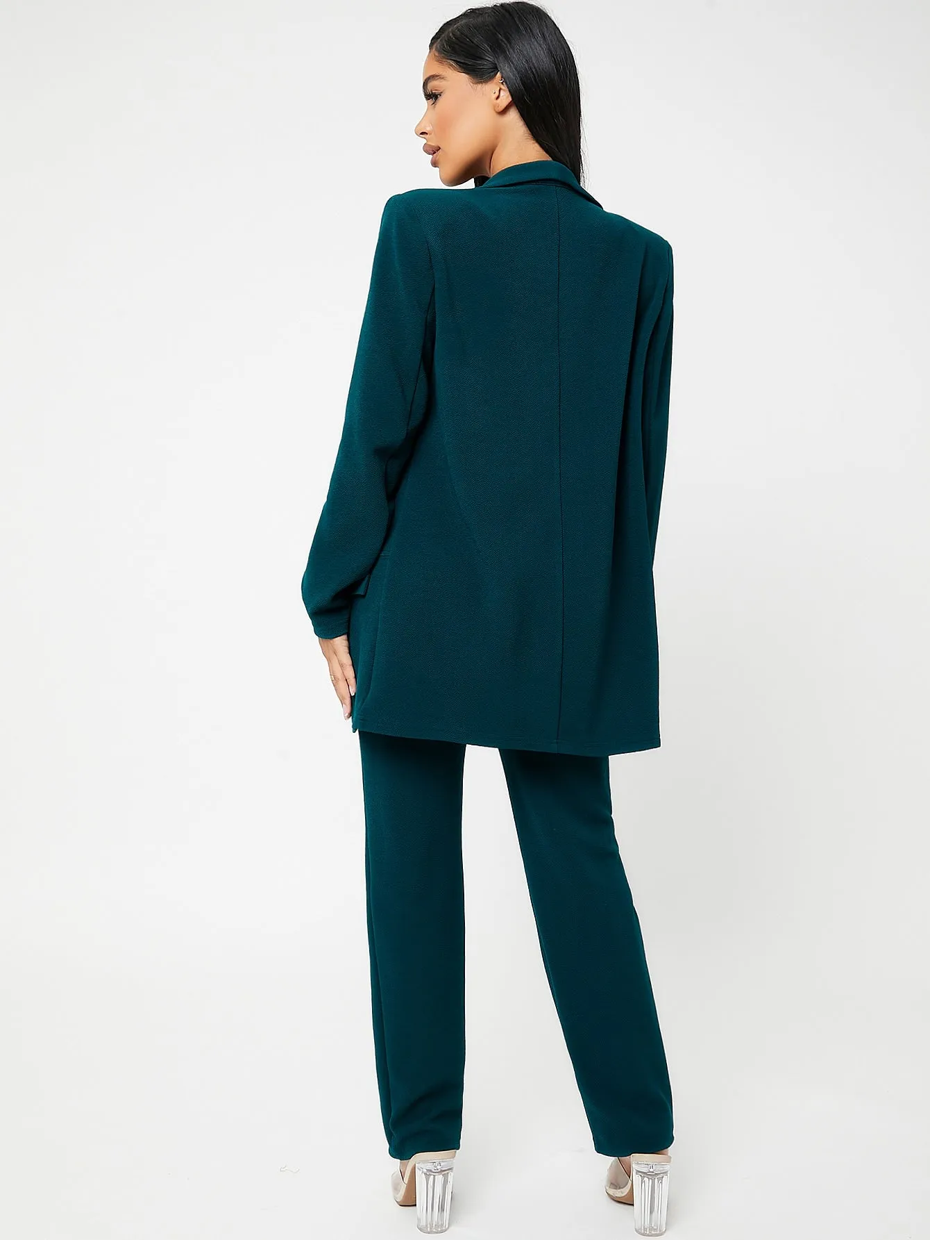 Plain Belted Long Sleeve Shawl Collar Women Suit Set