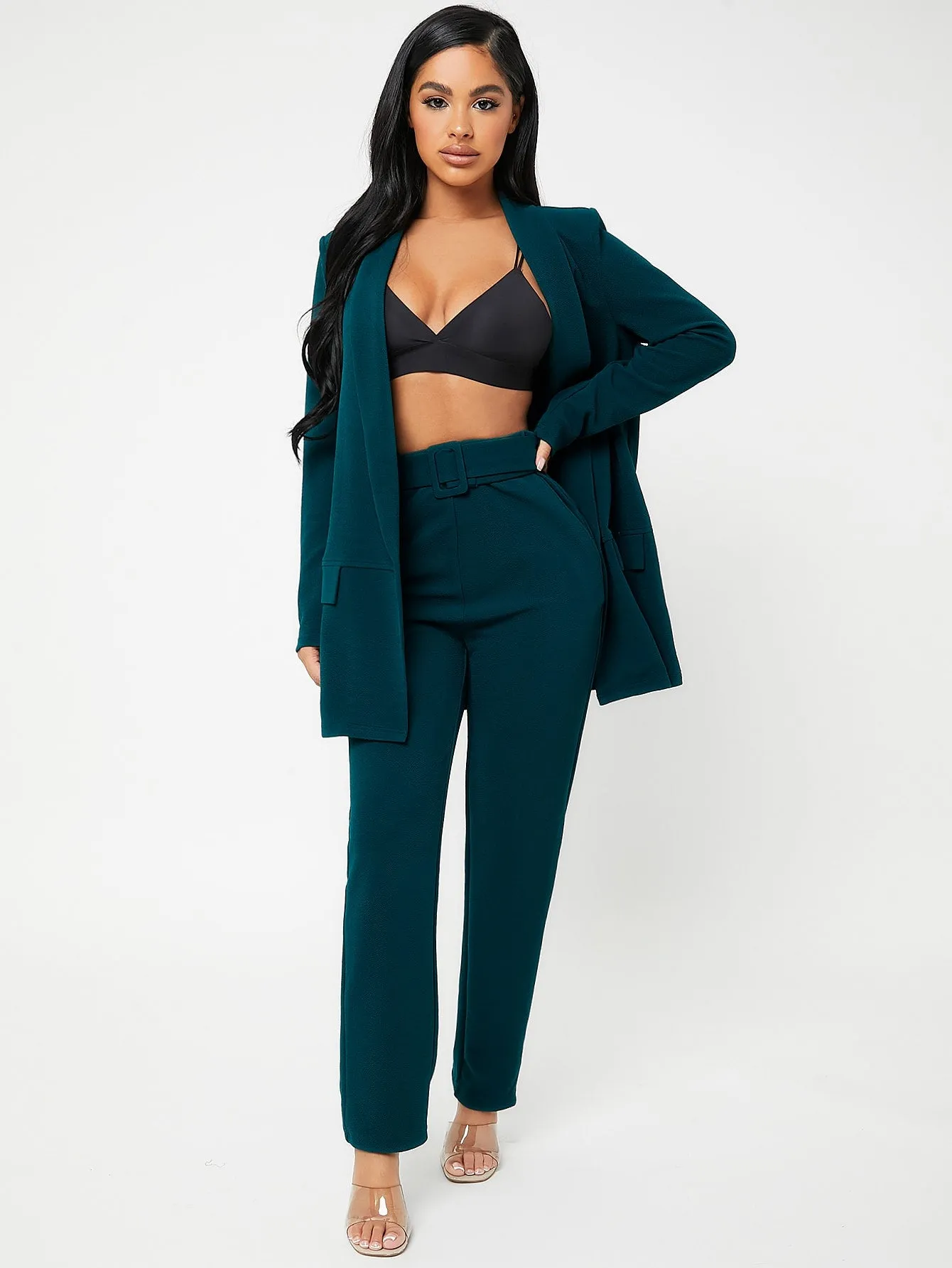 Plain Belted Long Sleeve Shawl Collar Women Suit Set