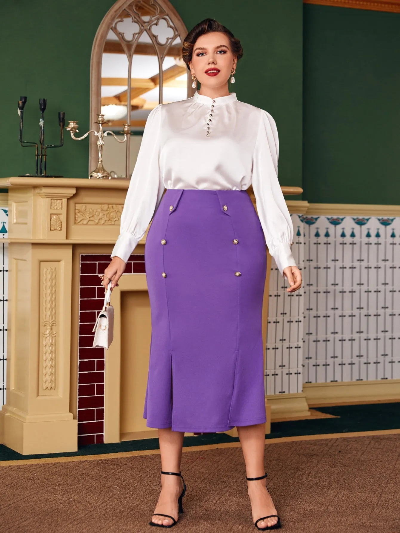 Plain Double Button Long Plus Size Skirt