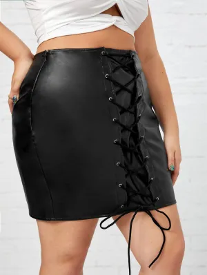 Plain Lace Up Short Plus Size Skirt