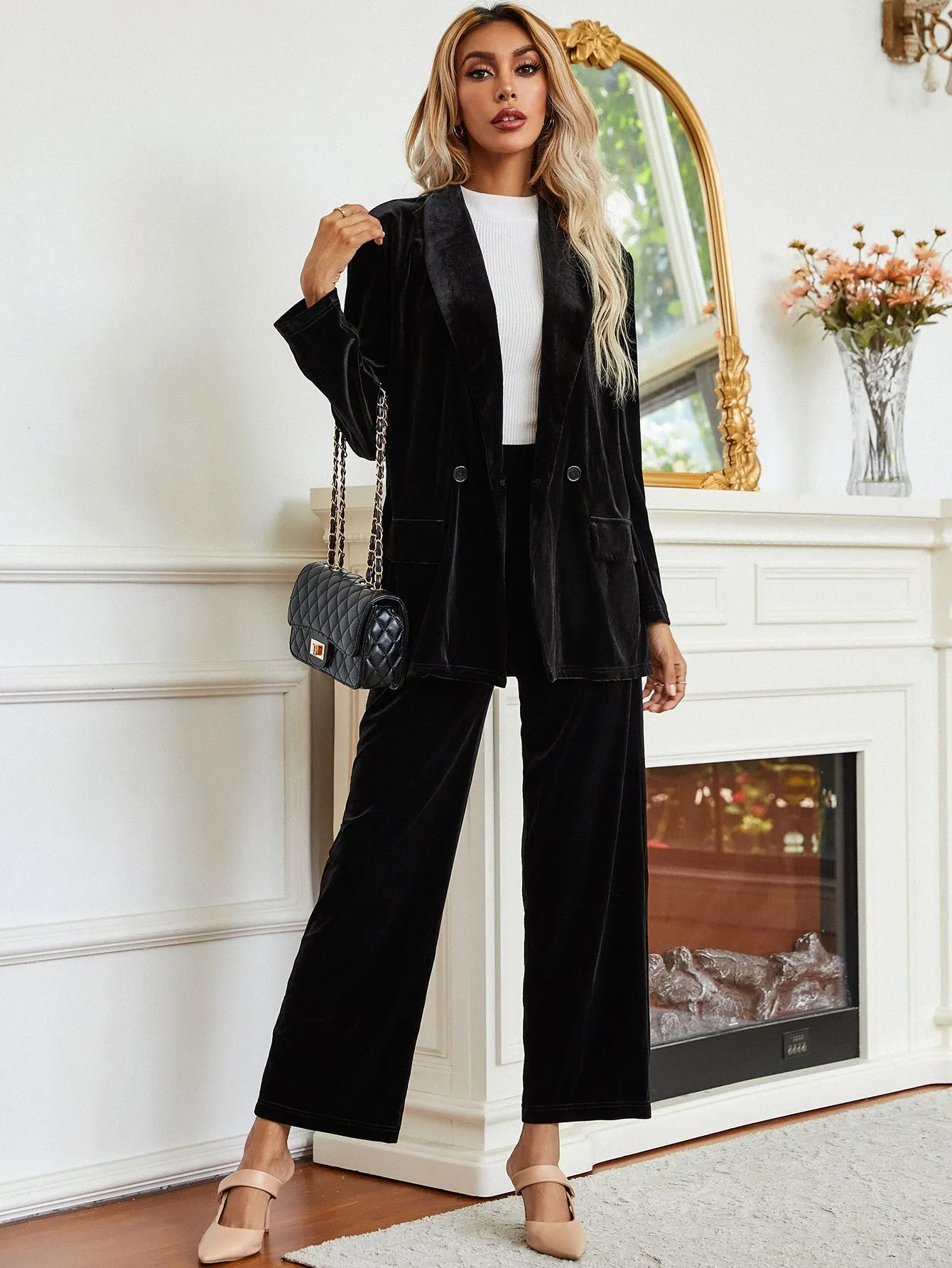 Plain Long Sleeve Shawl Collar Women Suit Set