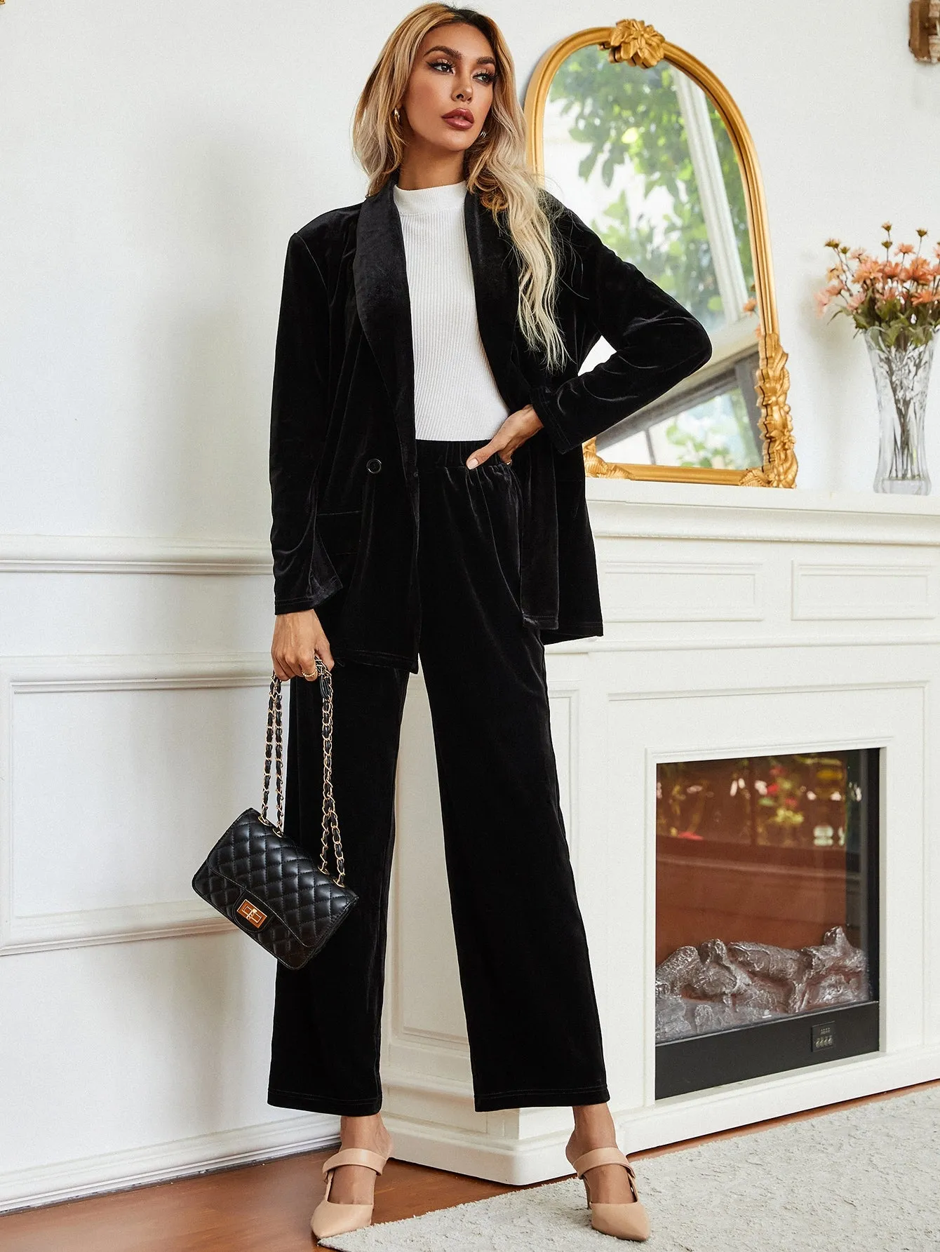 Plain Long Sleeve Shawl Collar Women Suit Set