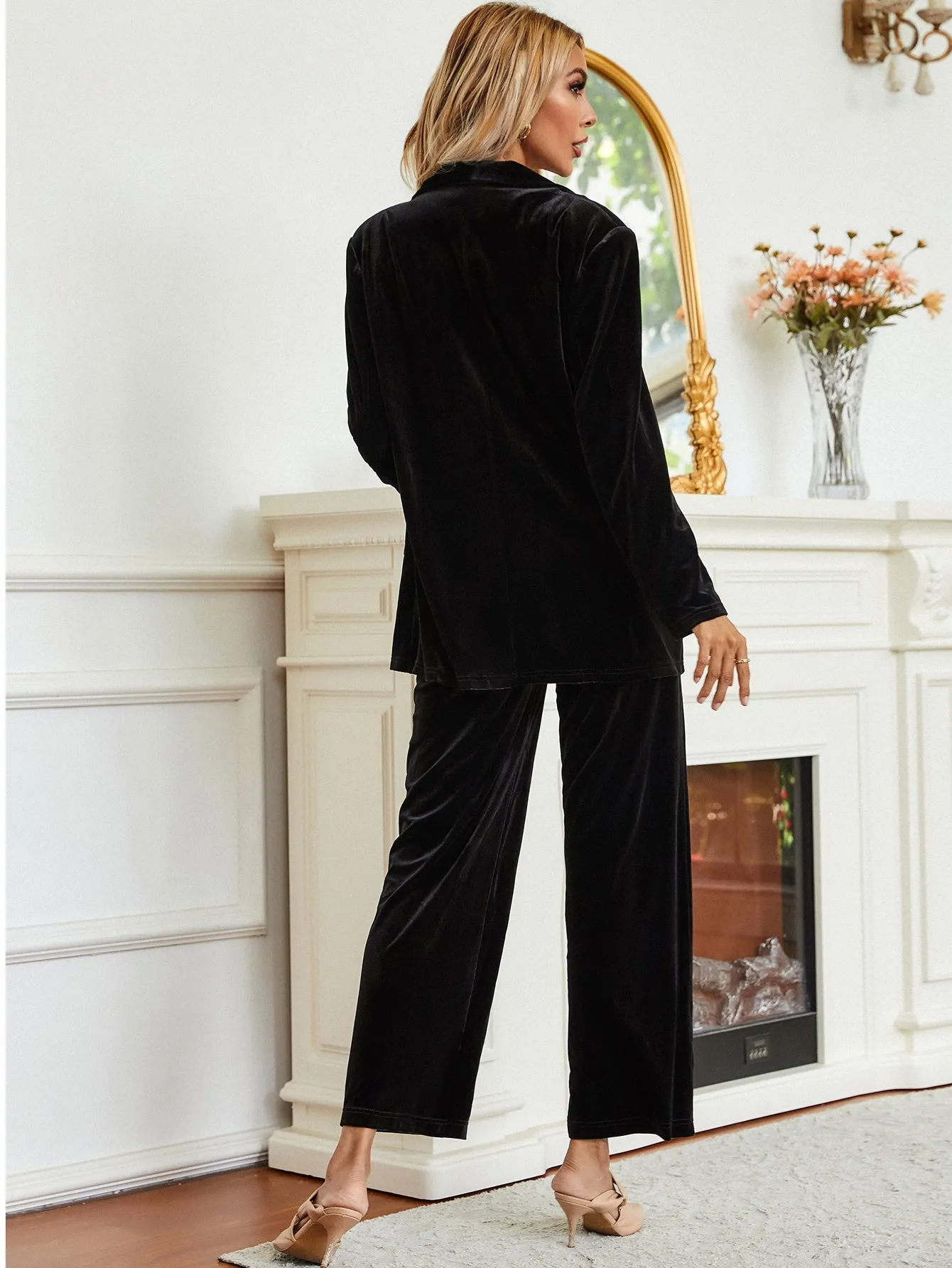 Plain Long Sleeve Shawl Collar Women Suit Set