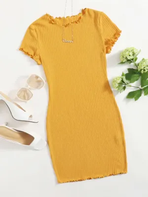 Plain Rib-Knit Short Sleeve Round Neck Pencil Natural Short Plus Size Dress