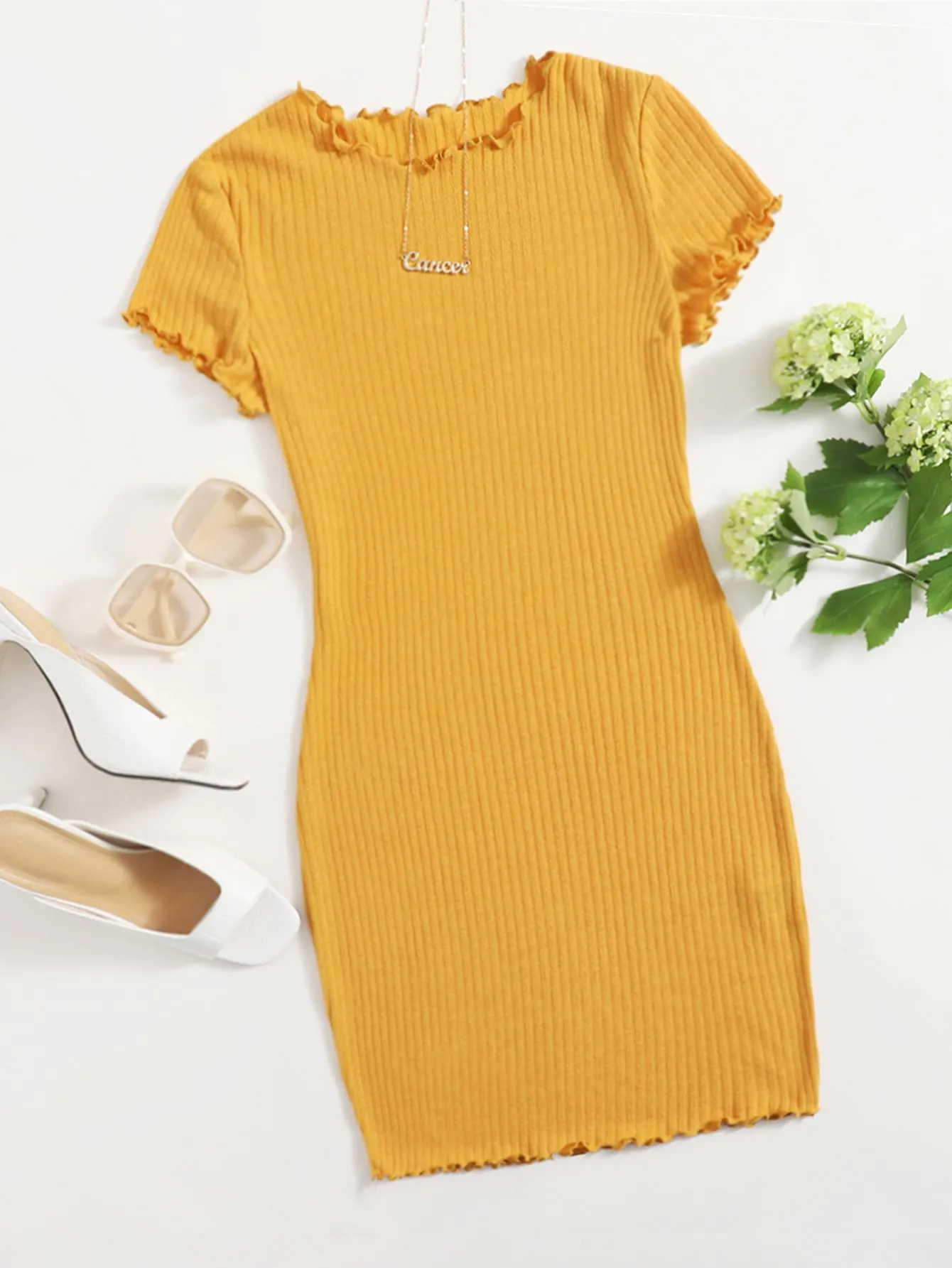 Plain Rib-Knit Short Sleeve Round Neck Pencil Natural Short Plus Size Dress