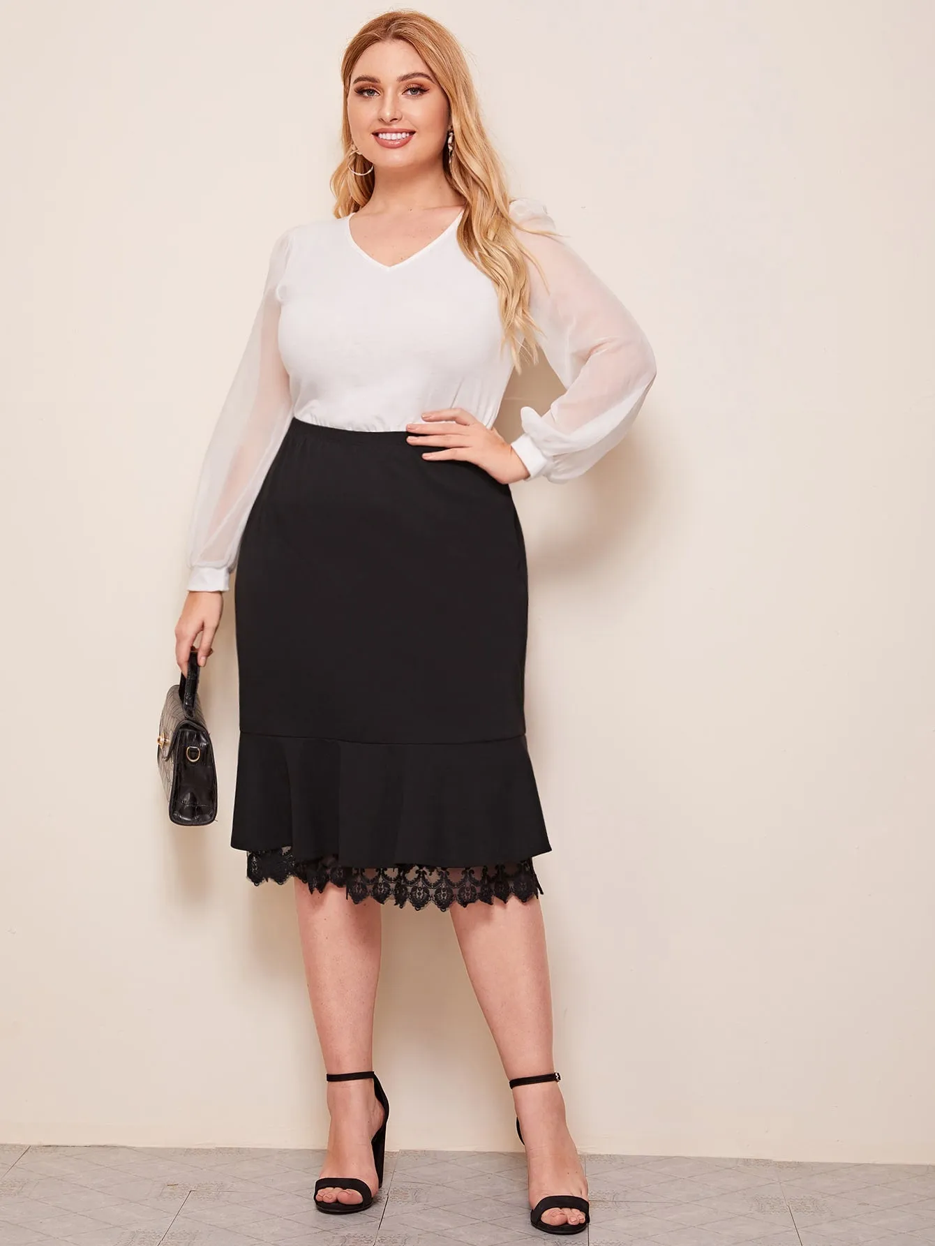 Plain Ruffle Hem Midi Plus Size Skirts