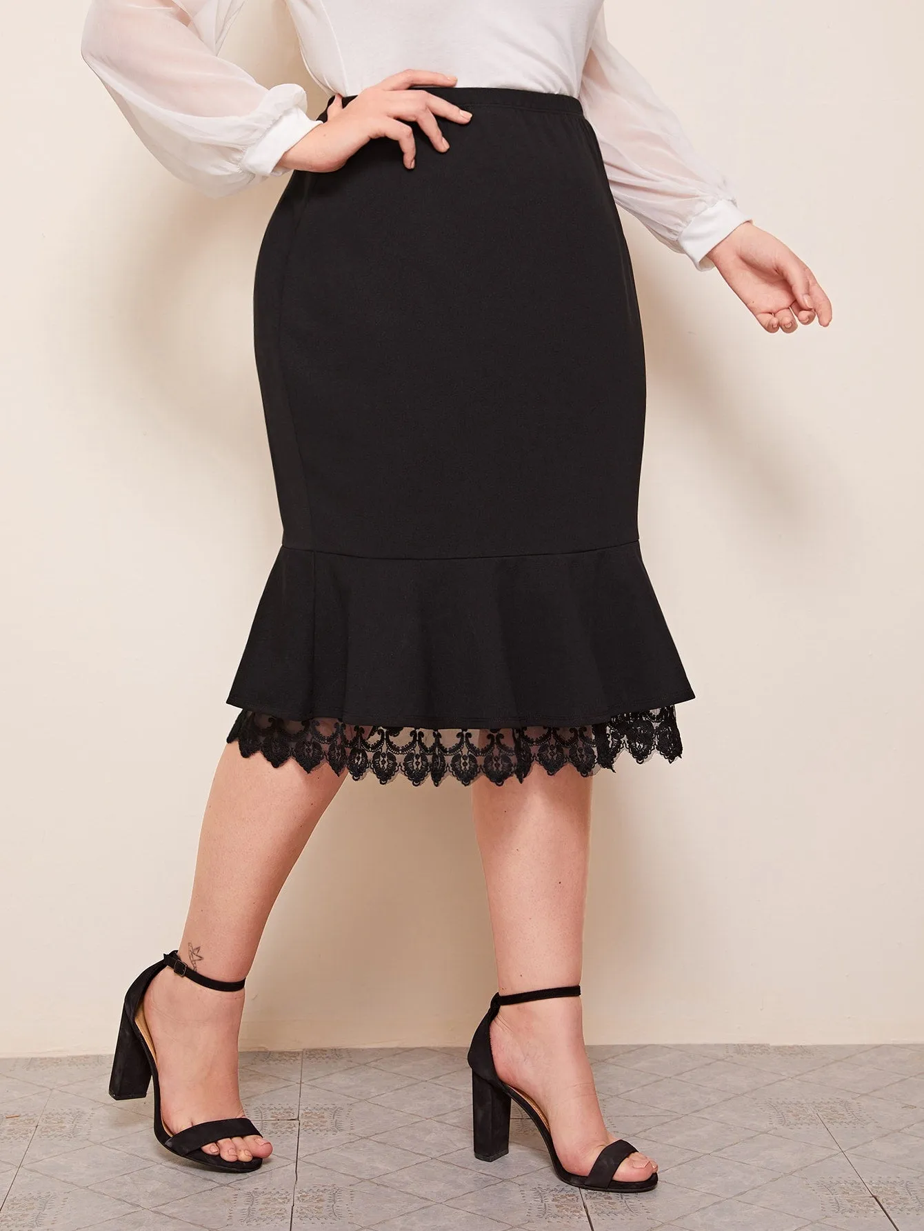 Plain Ruffle Hem Midi Plus Size Skirts