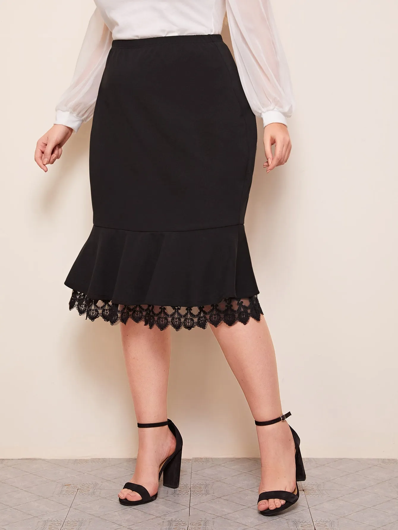 Plain Ruffle Hem Midi Plus Size Skirts