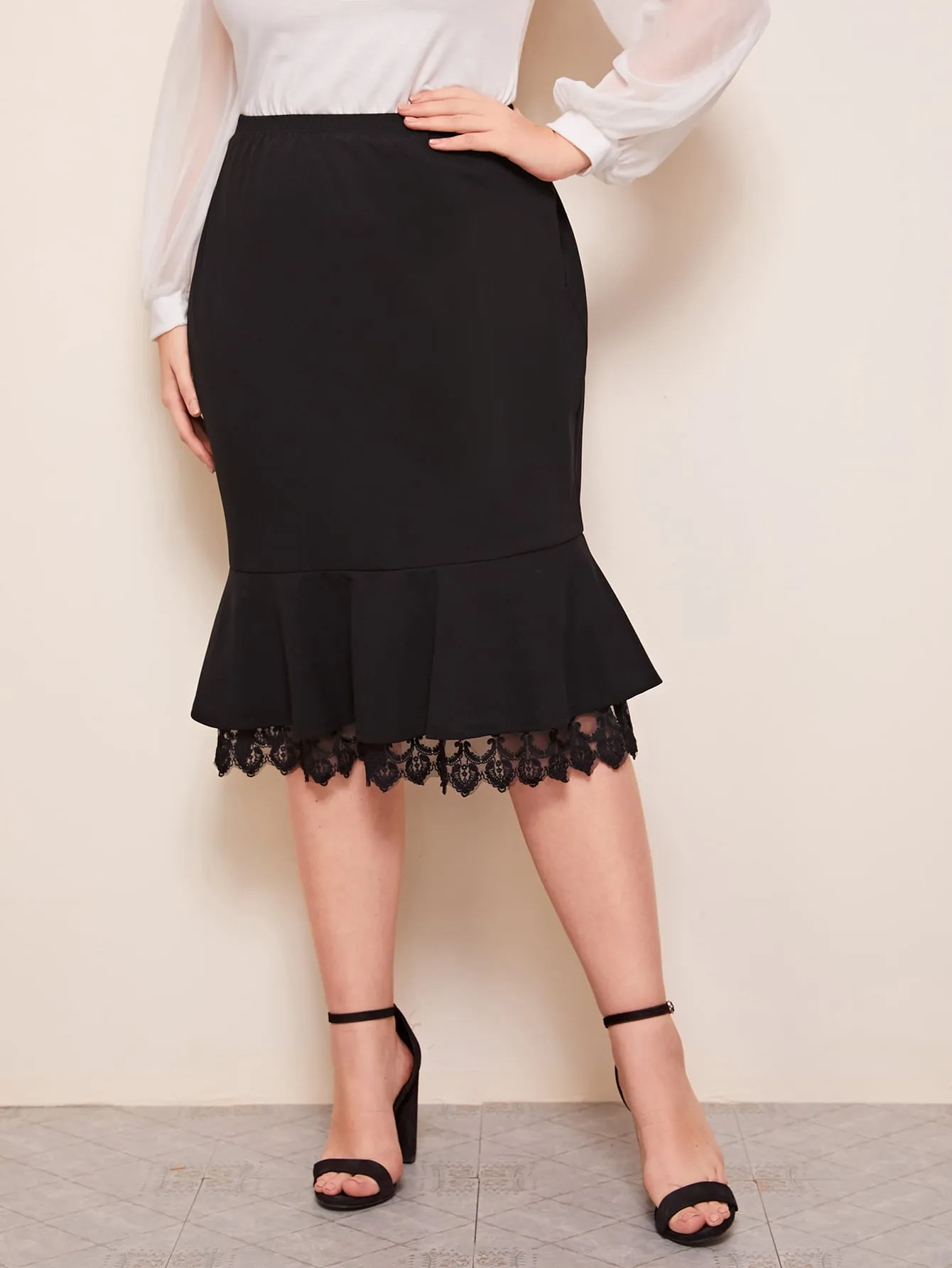 Plain Ruffle Hem Midi Plus Size Skirts