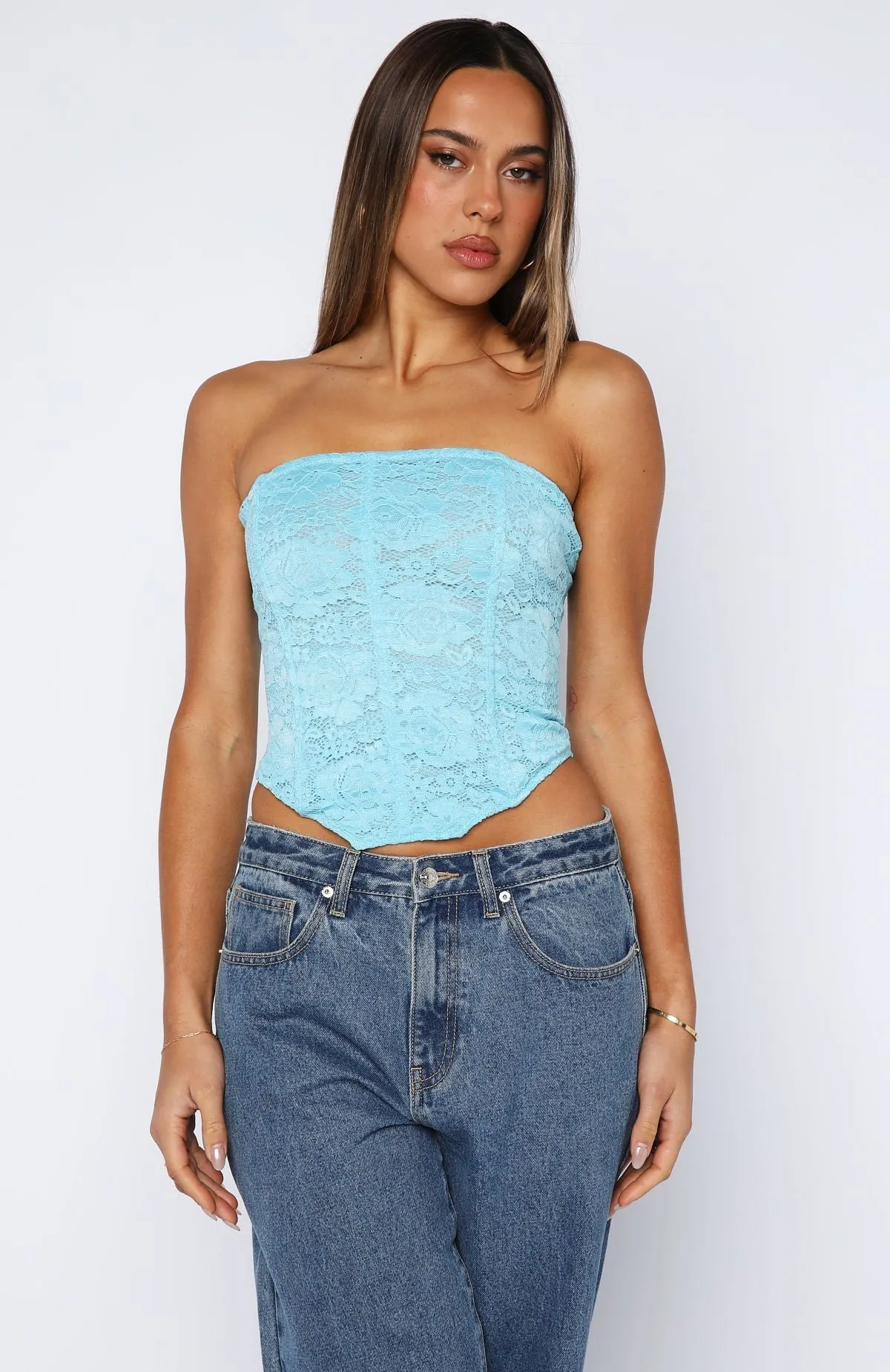 Flatlock stitching ReinforcedHem Play Your Part Strapless Bustier Cyan