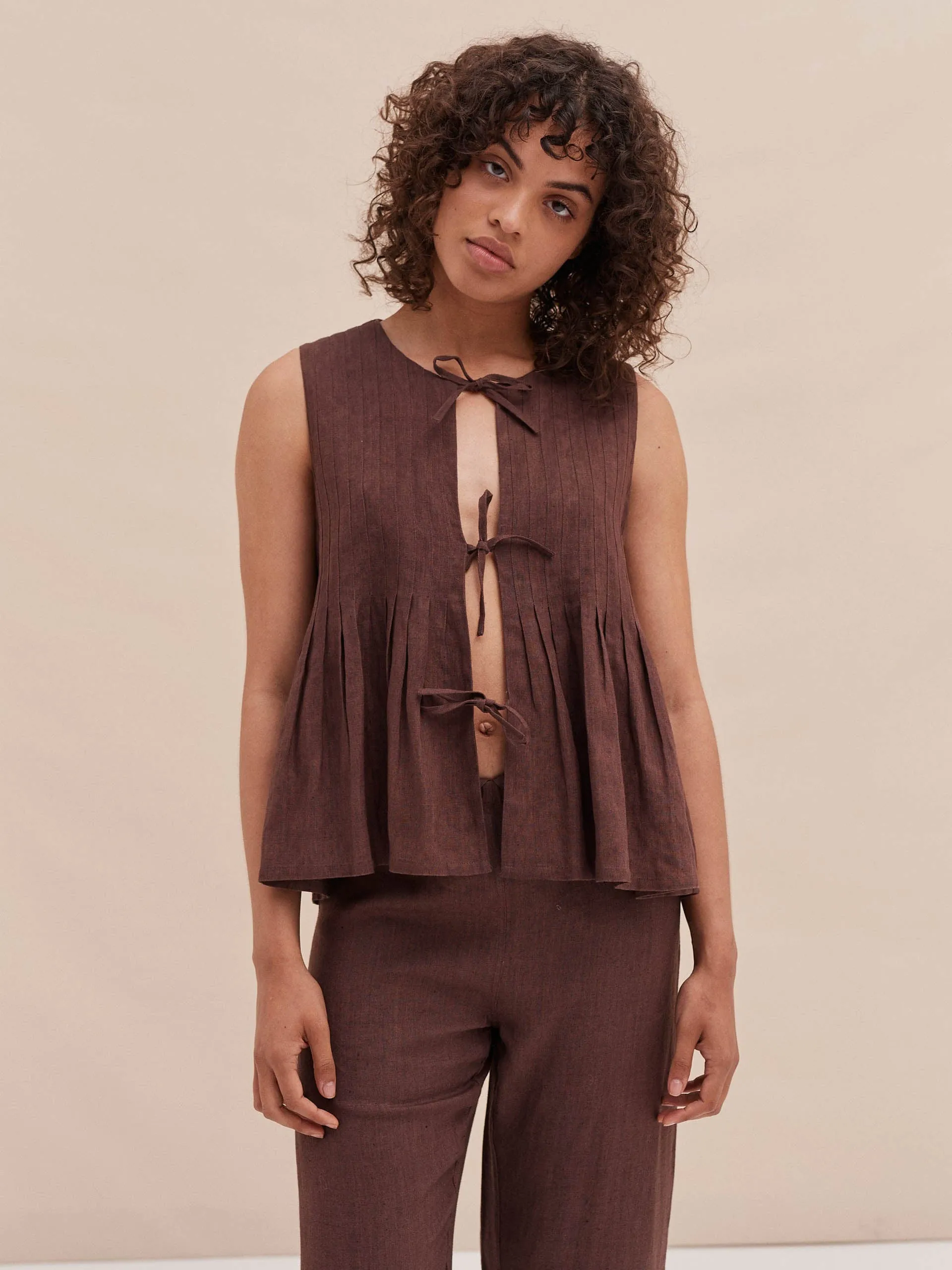 Pleated cami lounge set espresso linen