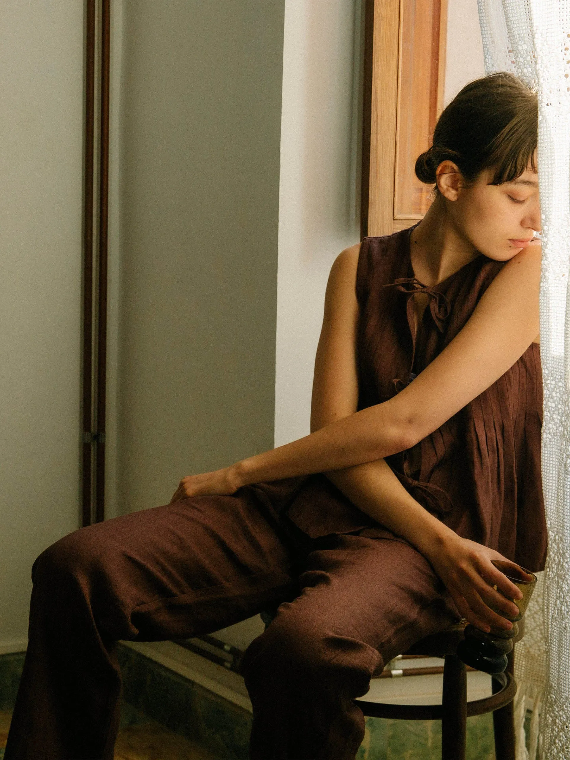 Pleated cami lounge set espresso linen