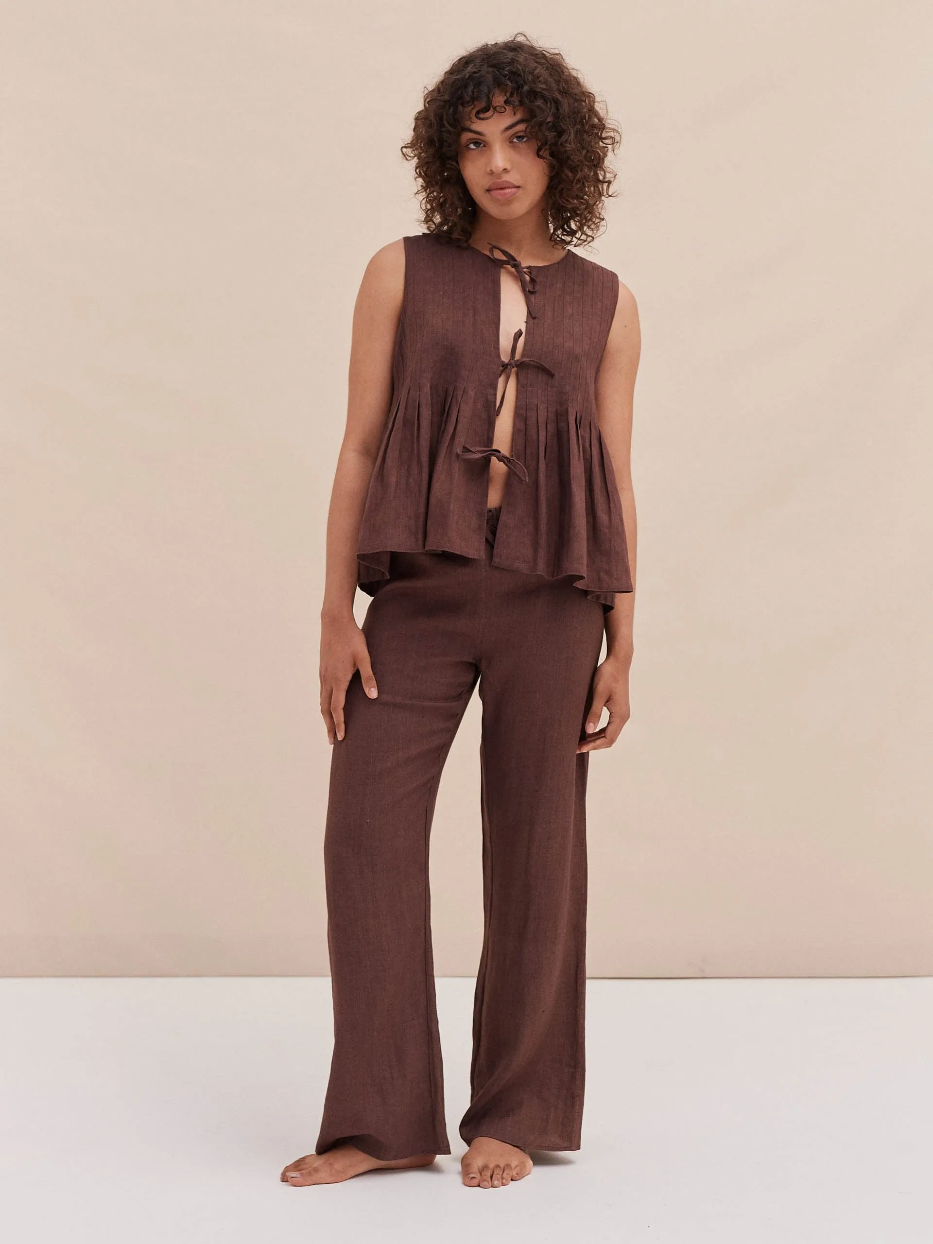 Pleated cami lounge set espresso linen