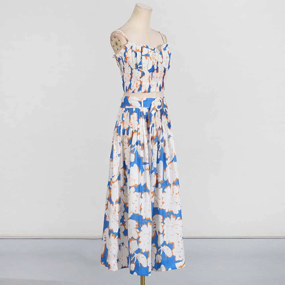 Pleated Floral-Print Bustier Top Midi Skirt Suit