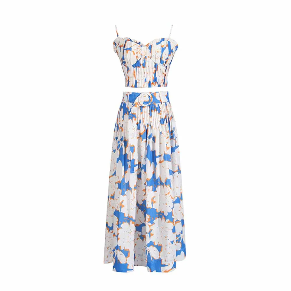Pleated Floral-Print Bustier Top Midi Skirt Suit