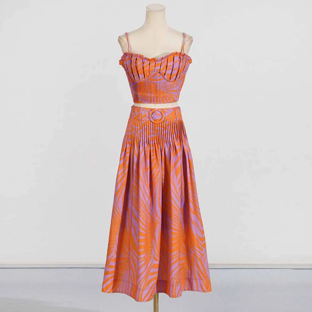 Pleated Floral-Print Bustier Top Midi Skirt Suit