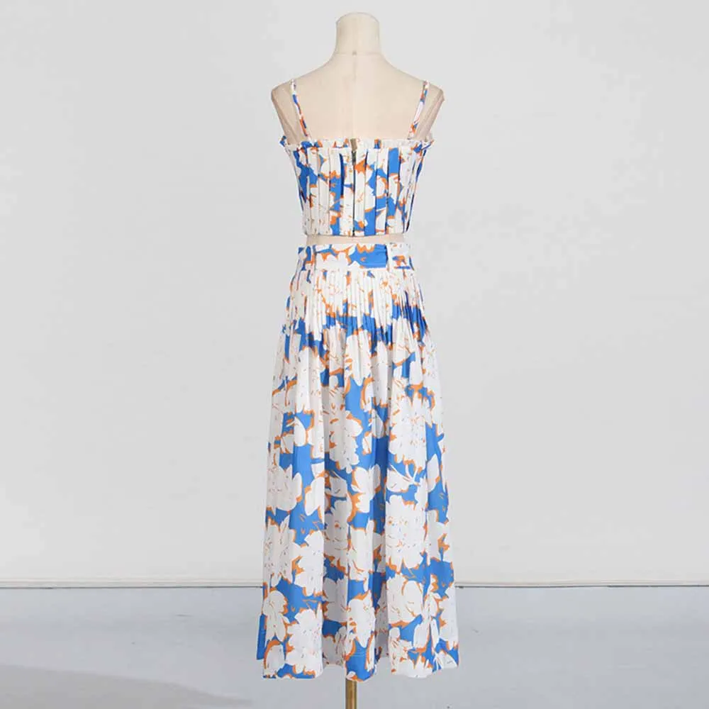 Pleated Floral-Print Bustier Top Midi Skirt Suit