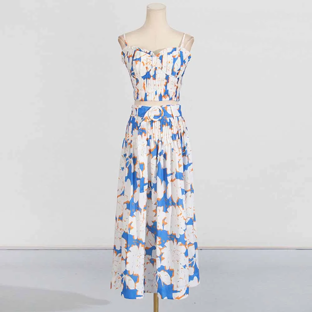 Pleated Floral-Print Bustier Top Midi Skirt Suit