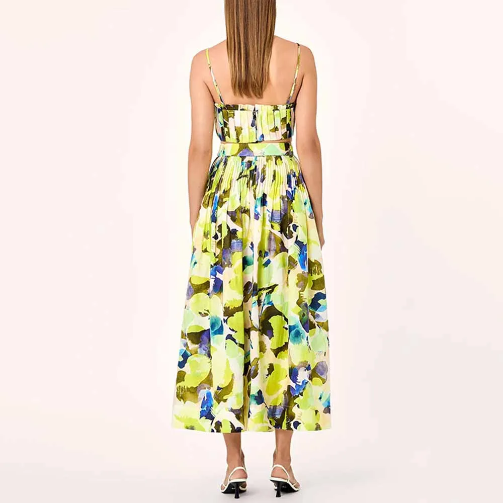 Pleated Floral-Print Bustier Top Midi Skirt Suit