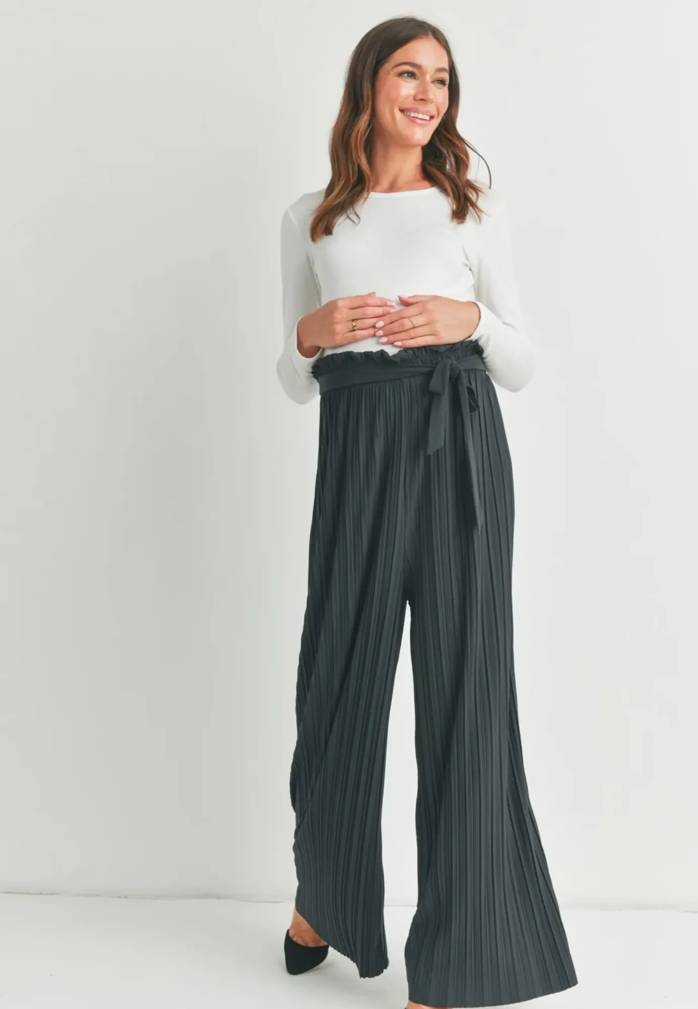 Pleated Wide Leg Maternity Pants with Belt Tie