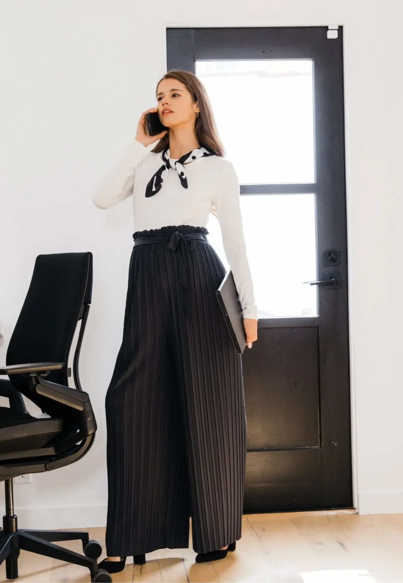 Pleated Wide Leg Maternity Pants with Belt Tie