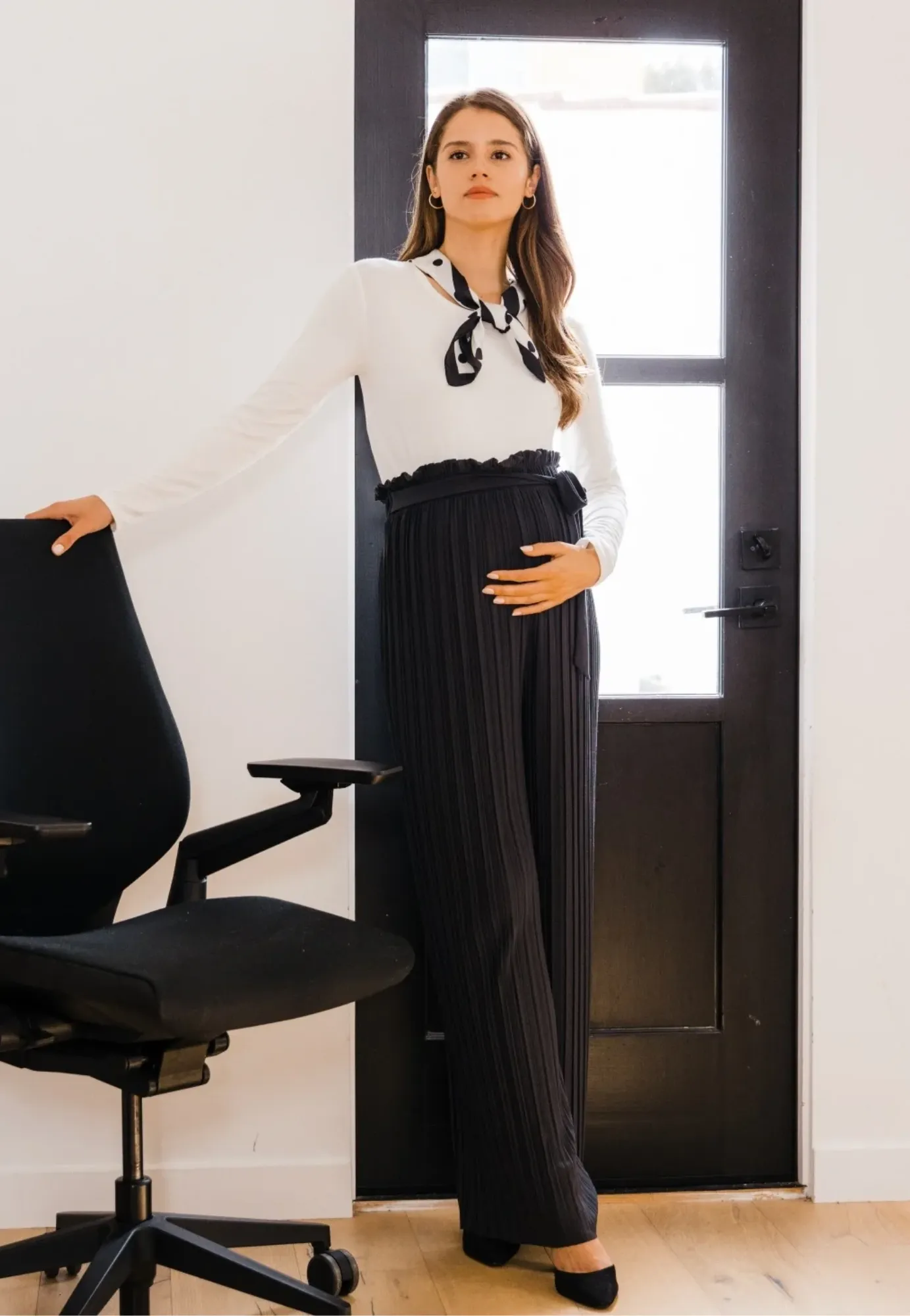 Pleated Wide Leg Maternity Pants with Belt Tie