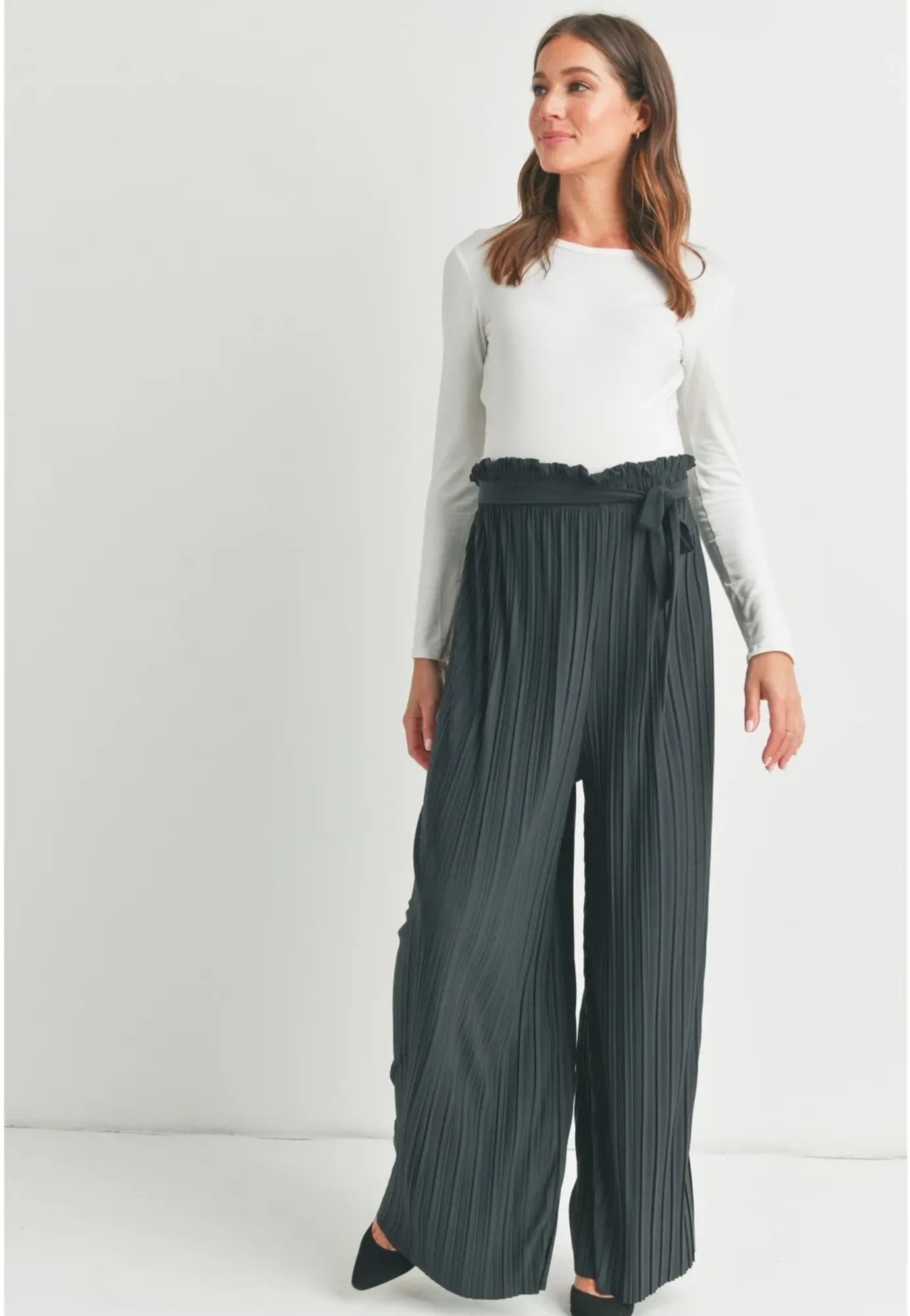 Pleated Wide Leg Maternity Pants with Belt Tie