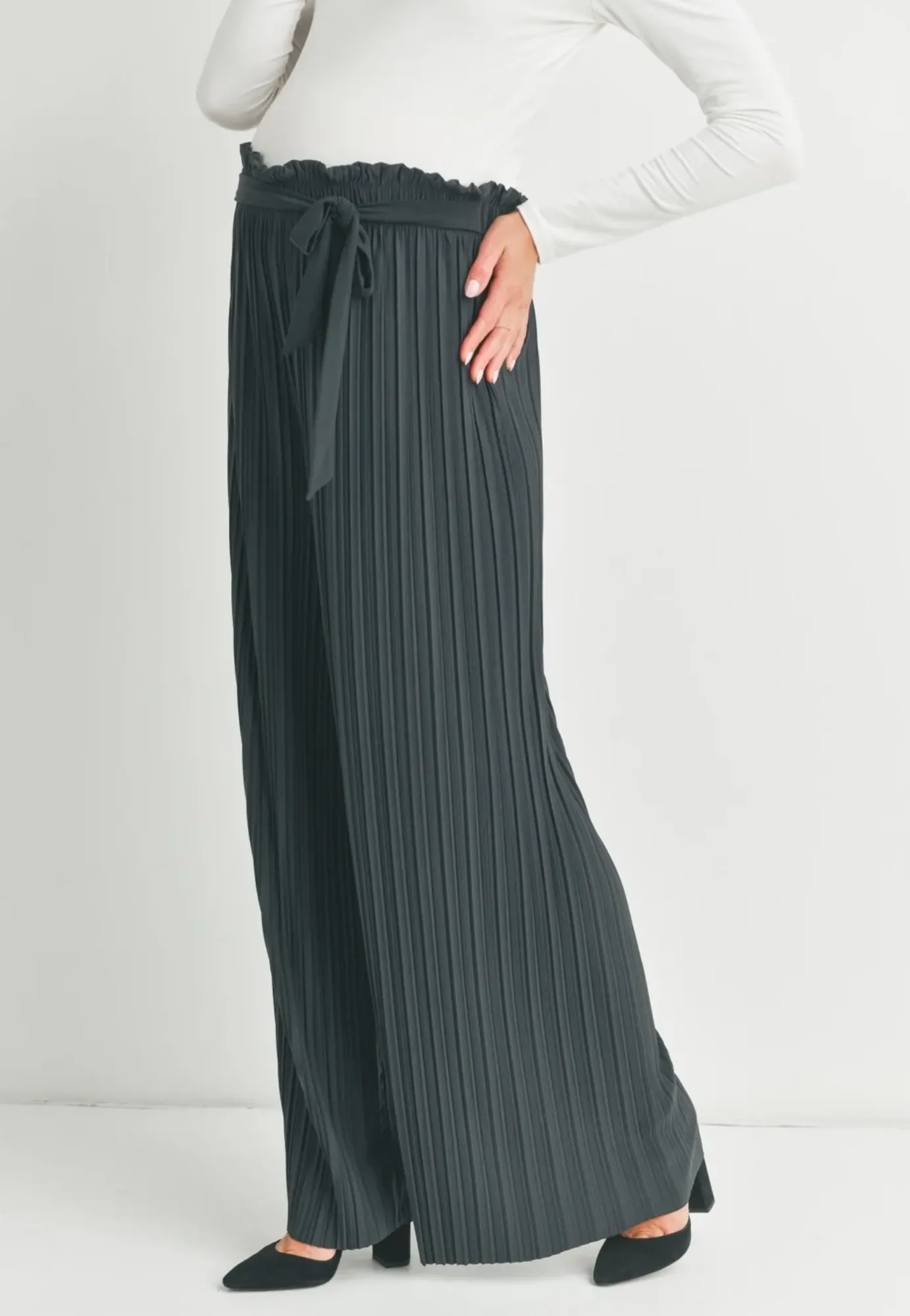 Pleated Wide Leg Maternity Pants with Belt Tie