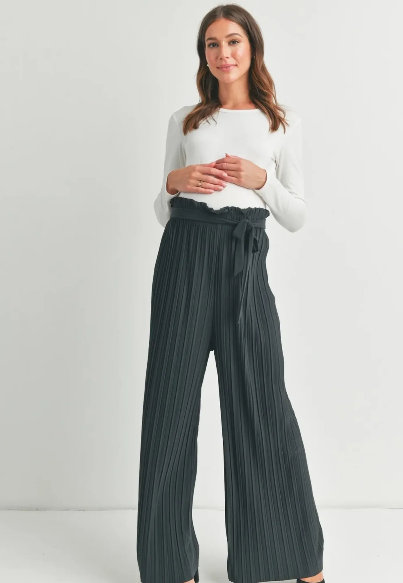 Pleated Wide Leg Maternity Pants with Belt Tie