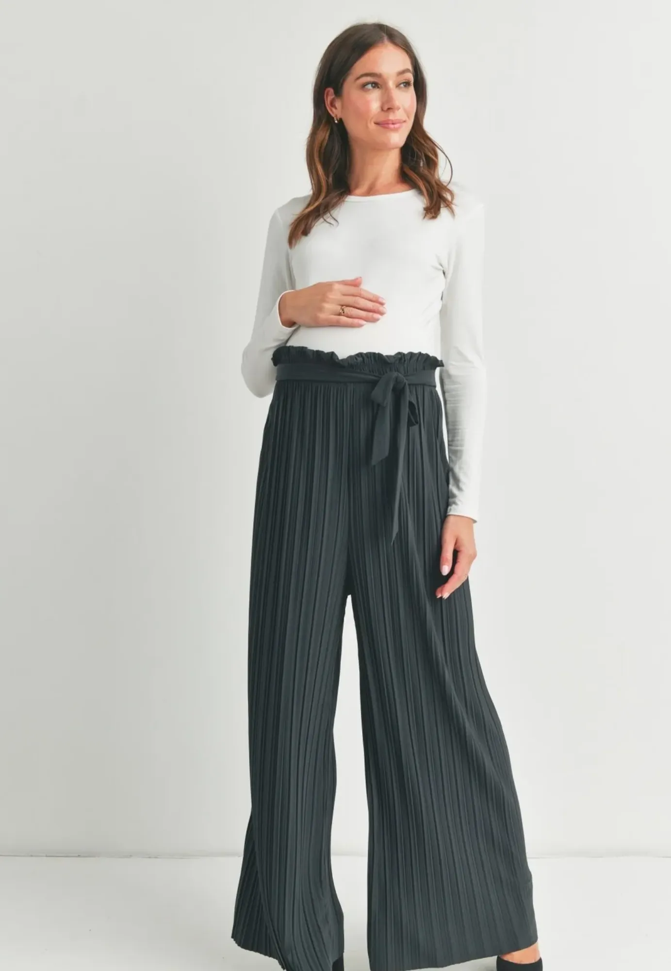 Pleated Wide Leg Maternity Pants with Belt Tie
