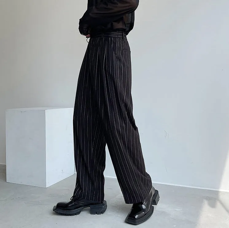 Pleated Wide Leg Trousers with Vertical Stripes